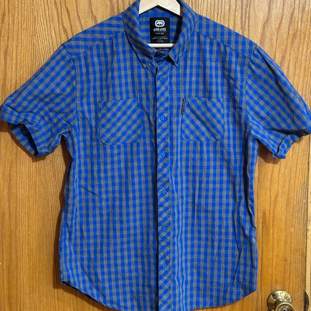 Ecko Unlimited Blue and Gray Checkered Men's Shirt‎ sz large AA